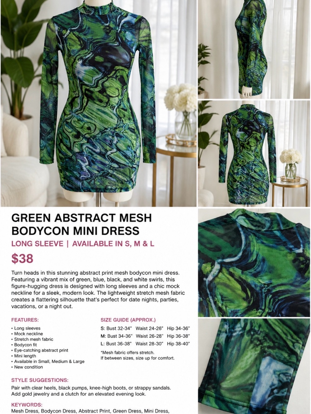 Green Abstract Mesh Bodycon Mini Dress - Long Sleeve